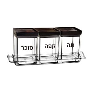 רמיטקס - עיצוב הבית וטקסטיל כלי בית מבצע השבוע סט תה קפה סוכר – אקריל מכסה עץ עם כיתוב שחור + מגש רק 79 ש"ח במקום 100ש"ח 